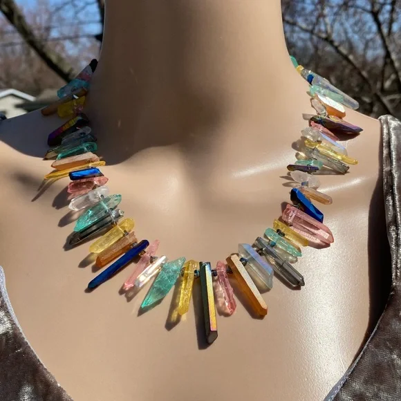 Genuine Quartz Multicolor Spike Necklace Each is OOAK - Picture 2 of 8
